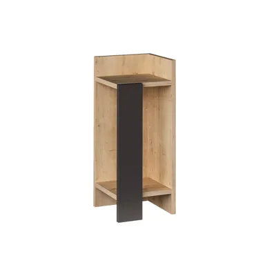 A corner nightstand with a wooden finish and a dark gray accent.