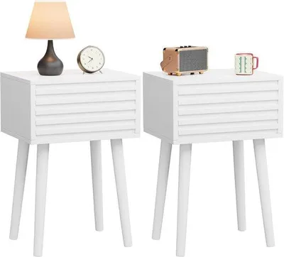 Productafbeelding van Bedside Table Set van 2 - Moderne Nachtkastjes met Duwkapopening - Massief Houten Poten - 35x27x53cm - Wit - Voor Woonkamer en Slaapkame