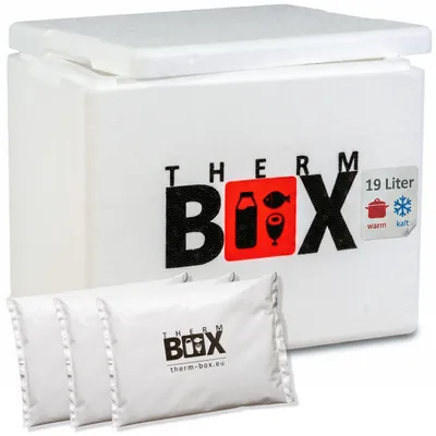 Produktbild von THERM BOX Styroporbox 19W mit 3x Kühlakku für Kühlbox 19,4L Innen: 33,5x23,5x27cm Transportbox Thermobehälter Wiederverwendbar