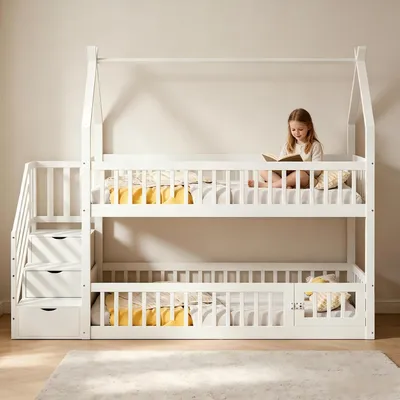Immagine prodotto di Letto a castello 90x200 con scaletta e spazio contenitore, casetta con tetto, colore bianco
