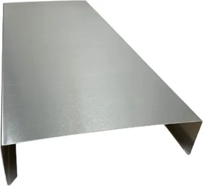 A metal sheet with bent edges, likely a flashing or trim piece, presented on a white background.