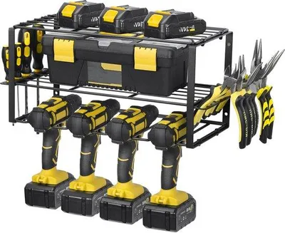 Produktbild von Metall-Werkzeugregal mit 3 Ebenen und 4 Steckplätzen für Akku-Schrauber und Seitenhalter