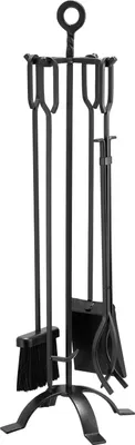 Produktbild von SucceBuy 5-teiliges Kaminbesteck-Set aus Schmiedeeisen, bestehend aus Ständer, Zange, Schaufel, Bürste und Schürhaken, ideal als praktisches Zubehör für Kamin oder Lagerfeuer, Schwarz