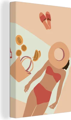 Produktbild von OneMillionCanvasses® - Leinwandbilder - 90x140 cm, Frauen - Hut - Pantoffeln - Strand, Wandbilder Kunstdruck Wanddekoration - Wandschmucke - Schlafzimmer