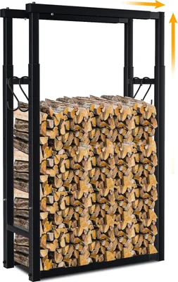 Zdjęcie produktu dla Półka na drewno kominkowe, kosz na drewno, wysuwana konstrukcja do przechowywania drewna opałowego, metalowa, czarna, szerokość: 60/80/100 cm, wysokość: 100/125/150 cm