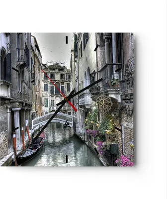 Produktbild von Wanduhr - Quadrat - Glasuhr - Venedig Brücke Wasser - 30x30cm - Schleichendes Uhrwerk - Lautlos - zum Aufhängen bereit - Dekoration Modern - Wanddekoration aus Glas - C3AC30x30-3522