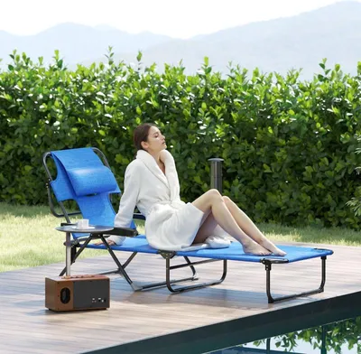 Immagine prodotto di okwish Outsunny lettino prendisole pieghevole con protezione dalle intemperie, come sedia da spiaggia e sdraio per sdraiarsi completamente (180°), con foro per il viso, nero + blu scuro