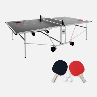 Produktbild von sweeek - Klappbare Outdoor-Tischtennisplatte mit 4 Schlägern und 6 Bällen - Grau