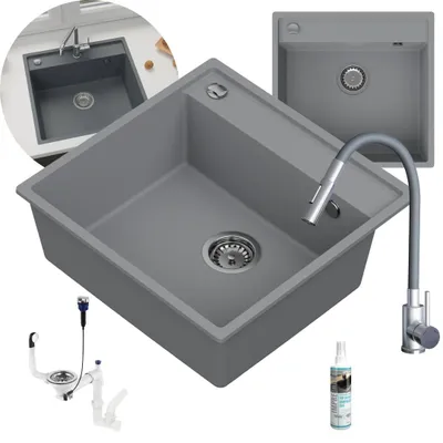 Produktbild von GRANMASTER Granitspüle Grau Set mit flexibler Küchenarmatur, Siphon mit Überlauf Space Saving und Professioneller Imprägnierung, Einbeckenspüle