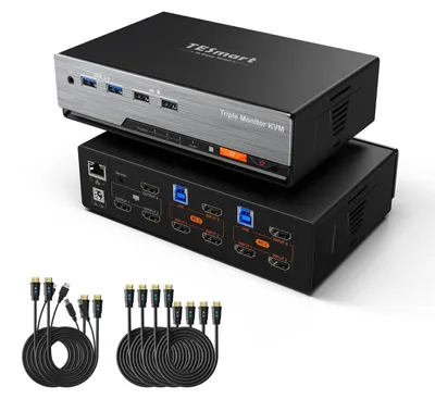Zdjęcie produktu dla Przełącznik KVM obsługujący 3 monitory i 2 komputery, z interfejsem HDMI 2.0