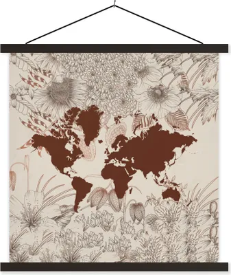 Produktbild von MuchoWow® Textilposter Weltkarte - Blumen - Rot 90x90 cm mit schwarzem Rahmen - Magnetisches