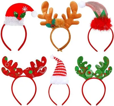 Produktbild von Unyqoos® Set – 6 Weihnachts‑Stirnbänder mit Rentiergeweih und festlichen Motiven, Polyester/Baumwolle, elastisch, für Erwachsene und Kinder