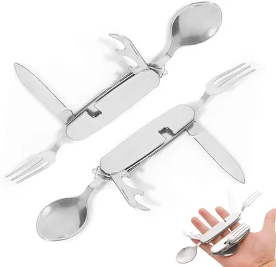 Produktbild von Edelstahl-Campingbesteck, klappbares Edelstahlbesteck für Outdoor-Camping, Outdoor-Besteck, multifunktionales Faltbesteck, Reisebesteck, 2 Stück