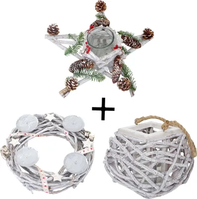 Produktbild von sada 3 adventních věnců + lucerna + květinové aranžmá, vánoční dekorace stolní věnec hvězda se skleněnou vložkou