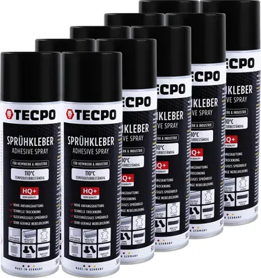Produktbild von TECPO 1K Sprühkleber 10x 500ml Spray Kleber für Schaumstoff, Wolkenhimmel und Akustikpaneele Klebespray transparent bis 110°C Hitzebeständig