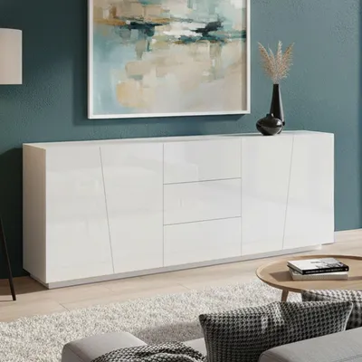 Imagen del producto de Ayrton - Aparador, 220x43x86h cm Blanco Brillante, 3 Cajones Hecho en Italia