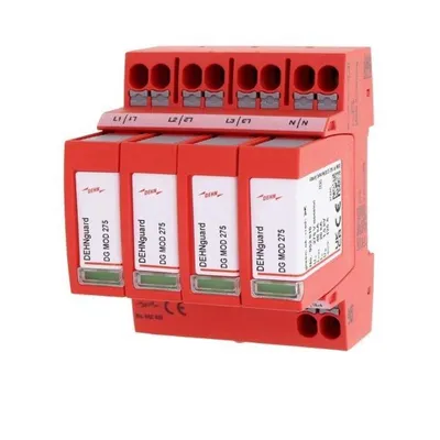 A red electrical surge protector with multiple modules, set against a white background.