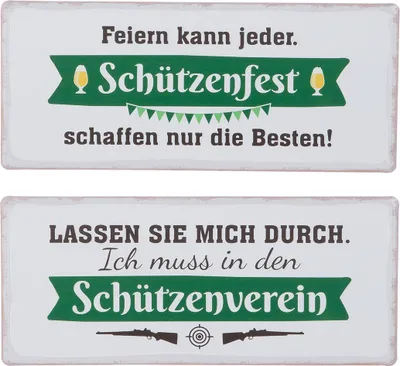 Produktbild von Gilde Schild, rechteckig, "Schützenfest", Spruch, Metall, weiß, VE 6, 2 Stück wie abgebildet,, B. 35 cm, H. 15 cm 51828