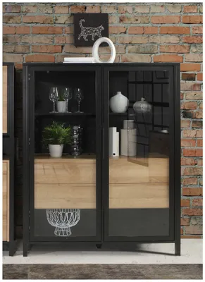 Produktbild von Highboard Vitrine HIGH ROCK 2-trg. Riviera Eiche Optik / Schwarz Forte