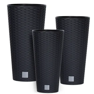 Obrázek produktu pro Sada 3x Květináčů s vložkou Rattan Antracitová barva 38 47 57 cm cm plast Vysoký Kulatý Kužel