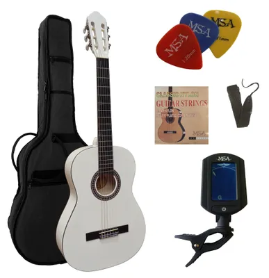 Produktbild von Msa Konzertgitarrenset - 4/4 Gitarre Weiß Im Set - Tasche Band Saiten Pleks Stimmgerät - C26