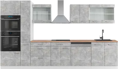 Produktbild von Küchenzeile Vicco R-Line Beton/Weiß 350 cm mit Hochschrank, AP Eiche, Model 42300