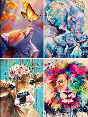 A collage of four diamond painting artworks featuring animals: a fox with butterflies, elephants, a cow with flowers, and a lion.