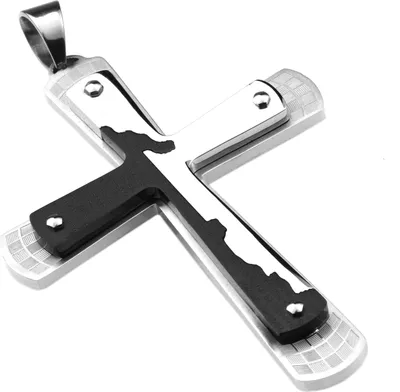 Produktbild von Edelstahlanhänger aus 316L Kreuz Schwarz-Silber mit Schrift XXL