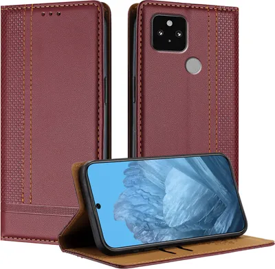 Obrázek produktu pro Pouzdro pro Google Pixel 5 kožené flipové pouzdro s funkcí stojánku Tmavě červená