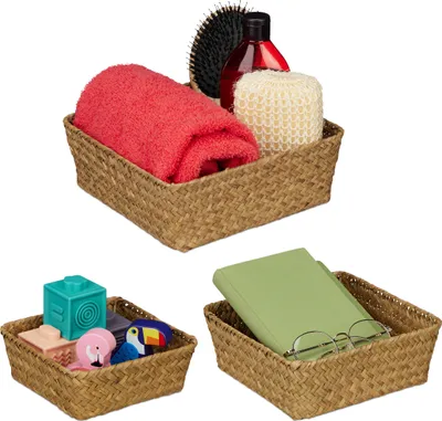Produktbild von Relaxdays Aufbewahrungskorb Seegras, 3er Set, Körbchen in 3 Größen, Bad Aufbewahrung, quadratische Flechtkörbe, natur