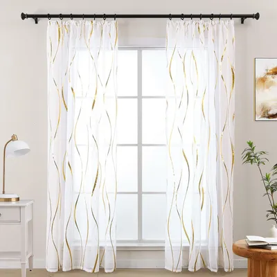 Produktbild von Vorhänge in Gold-Weiß für das Wohnzimmer – Vorhänge mit Faltenband für Schienen – Transparente Gardinenschiene