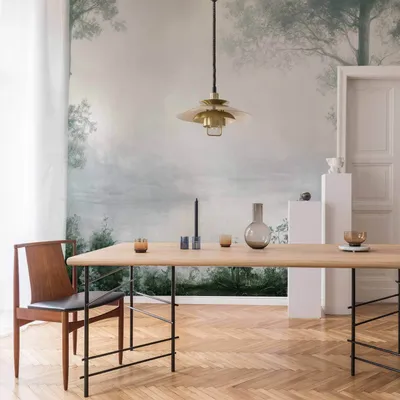 Produktbild von Vlies Fototapete - Retro Landscape - Grove Trees and Pond in Patinated Shades of Green 100x70 cm Muster c-H-10025-a-a