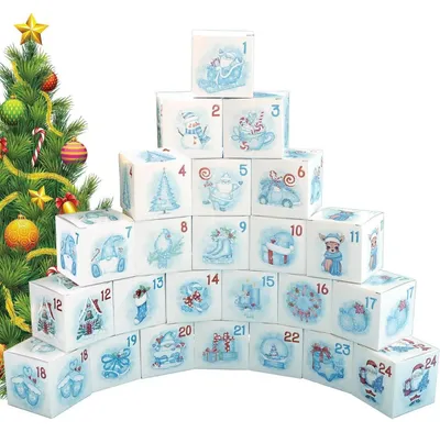 Productafbeelding van Adventskalender om zelf te vullen, bestaande uit 24 blauwe kubusvormige doosjes, inclusief stickers en jute touw. Afmetingen: 7x7x7 cm