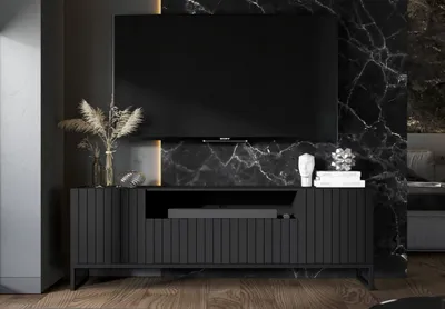 Produktbild von TV-Schrank Glamour TV-Schrank Elpis 2 Dreitürig Modern Lindner Möbel 150cm x 51,5cm x 36,5cm Farbe: Schwarz matt Rahmen: Schwarz - Metall