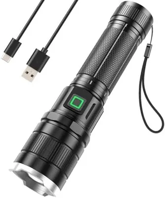 Imagen del producto de Lámpara LED de 10.000 lúmenes, con batería de 2000 mAh, recargable por USB-C. Ofrece 3 modos de iluminación, es resistente al agua (IP65) y a golpes. Ideal para camping, senderismo e iluminación de emergencia