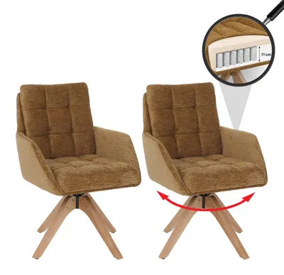 Image de Lot de 2 chaises de salle à manger HWC-Q36, chaises de cuisine, pivotantes, tissu chenille (680 g/m²), es Oeko-Tex, bois MVG ~ jaune moutarde