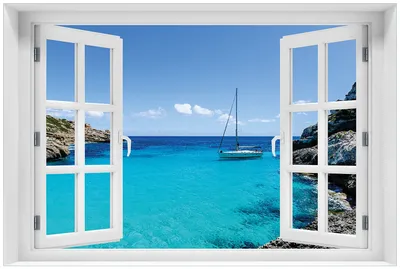 Produktbild von Wallario Premium Glasbild mit Fensterrahmen, freischwebende Optik, kräftige Farben, Größe 60 x 90 cm Motiv Segelboot in der Bucht