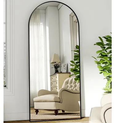 Immagine prodotto di Specchio a figura intera, 180x67 cm, curvo, nero, da appendere o appoggiare, specchio da terra con supporto, specchio HD