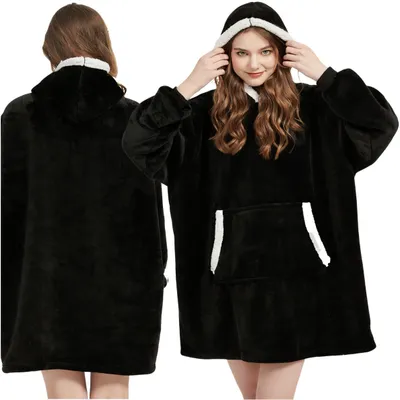 Produktbild von Kuscheldecke mit Ärmeln und Kapuze, Oversize Hoodie Decke XXL, Fleece Hoodie, Schwarz