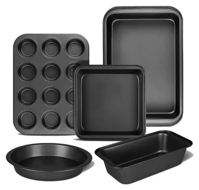 Image de Ensemble de 5 moules de cuisson antiadhésifs en acier au carbone : ronds, carrés, pour muffins, pour pain et plaque de cuisson