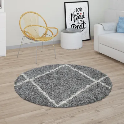 Produktbild von Hochflor Teppich Wohnzimmer Shaggy Skandinavisches Rauten Muster, Modern In Grau Grösse Ø 160 cm Rund