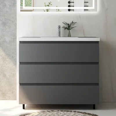 Produktbild von Badmöbel Set 100 cm Alast Dunklegrau Waschbecken mit Unterschrank Hängeschrank mit Schrankfüße Softclose