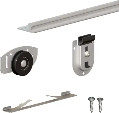 Produktbild von MANTION Schiebetürbeschlag 130 (120 cm, 70 kg, 2 Türen), Aluminium, kugelgelagerte Laufwagen, kürzbare Schiene, Bodenlaufsystem mit oberen und unteren Schienen, nahezu geräuschlos, überrollbarer Positionierer, für Schränke, Einbauten & Nischen, Ergänzungsset SU5206/SU5207