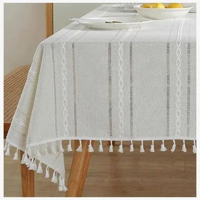 Zdjęcie produktu dla Obrus boho lniany 120X160 cm rustykalny z frędzlami do kuchni