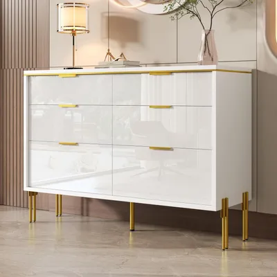 Image de Buffet avec 6 tiroirs, finition laquée blanc et or, dimensions 120x40x85,5 cm