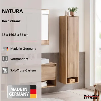 Produktbild von FACKELMANN Hochschrank Natura / Badschrank mit Soft-Close-System / Maße (B x H x T): ca. 38 x 166,5 x 32 cm / Schrank mit 1 Tür / Türanschlag rechts / Offene Ablagefläche / Korpus & Front: Braun
