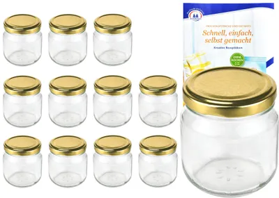 Produktbild von 12er Set Rundglas 212 ml nieder To 66 goldener Deckel Einkochgläser Gläser incl. Rezeptheft