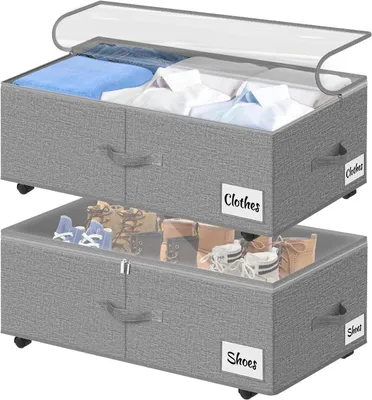 Productafbeelding van Onderbedcommode met wieltjes - Set van 2 - 360 graden draaibaar - XXL - 75 l - Opbergdoos met transparant deksel - Grijs