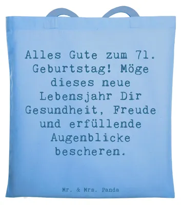 Produktbild von Mr. & Mrs. Panda totebag Spruch 71. Geburtstag - Sky Blue - Geschenk, Glückwunsch, Dankbarkeit, Jubiläum, Erinnerungen, dokumententasche, liebevolle Grüße, Beutel, Tasche