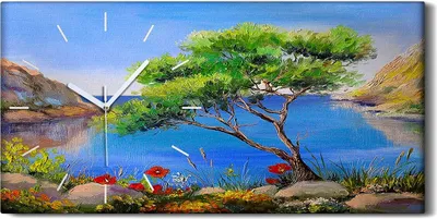 Produktbild von Wandkunst Leinwand Bild Uhr 60x30 Gemälde Blumen Baum Meer Natur Himmel - weiße Hände